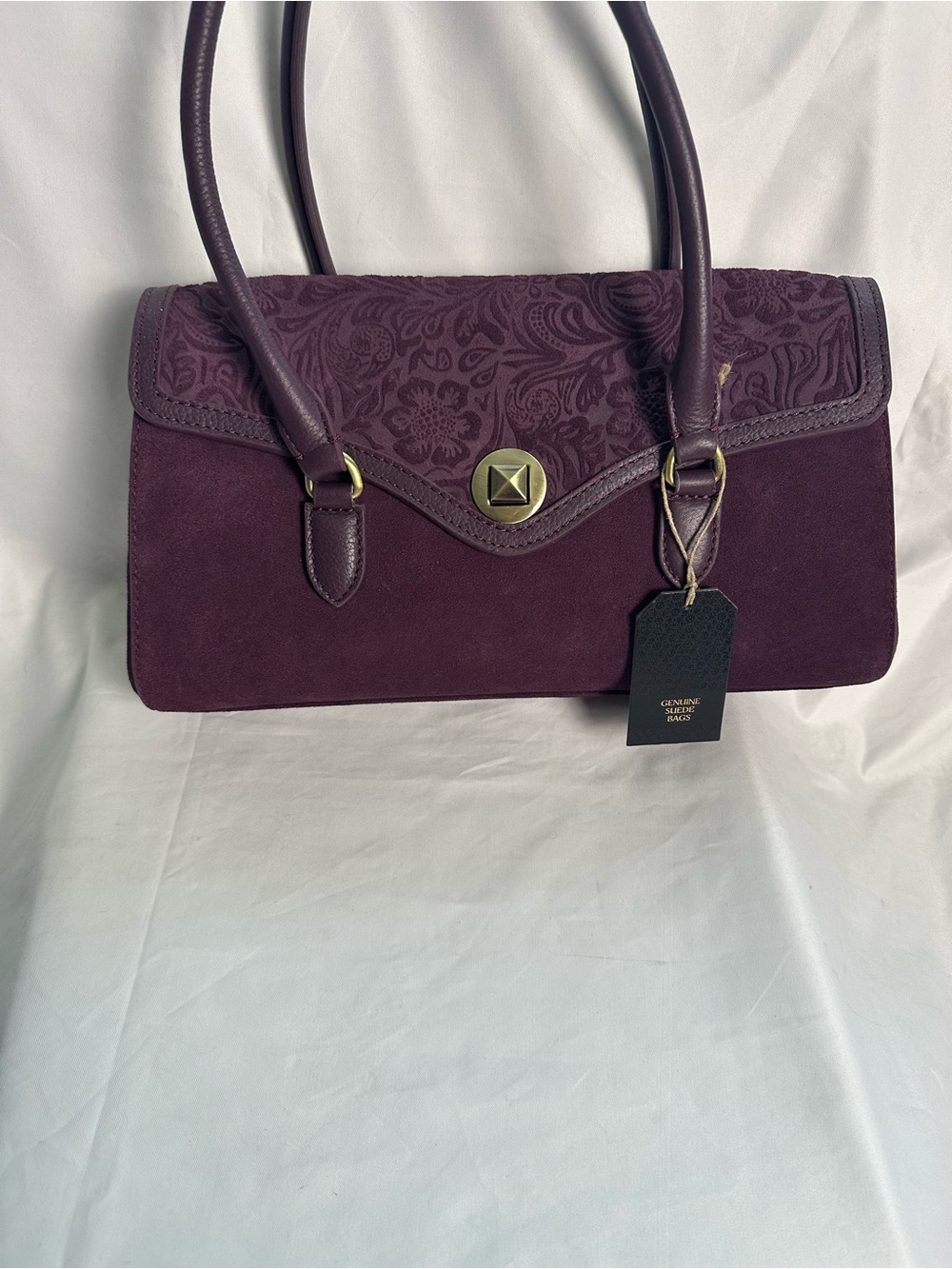 Elegant Plum Suede Shoulder Bag - Genuine Leather Accents